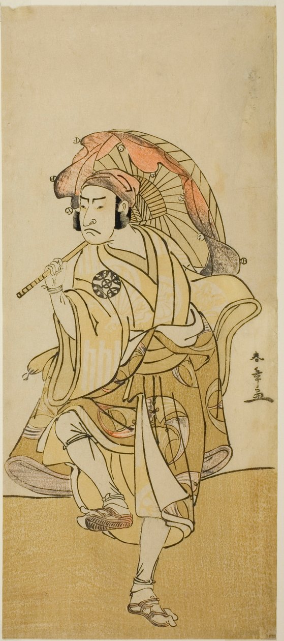 Näyttelijä Nakamura Nakazo I Onmaya Kisandana Naamioitunut leijonatanssija Kakubeiksi näytelmässä Chigo Torii Tobiiri Kitsune, esitettiin Ichimura-teatterissa yhdestoista kuukaudessa, 1777 tekijältä Katsukawa Shunsho