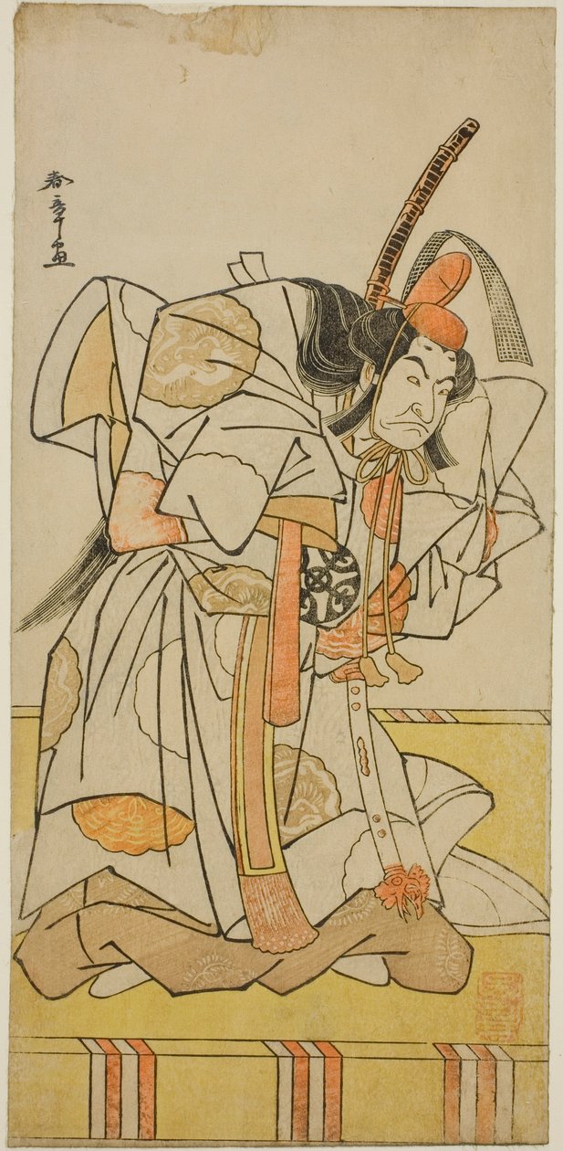 Näyttelijä Nakamura Nakazo I prinssi Takahirona näytelmäpäivämäärässä Nishiki Tsui no Yumitori, esitettiin Morita-teatterissa yhdestoista kuukaudessa, 1778 tekijältä Katsukawa Shunsho