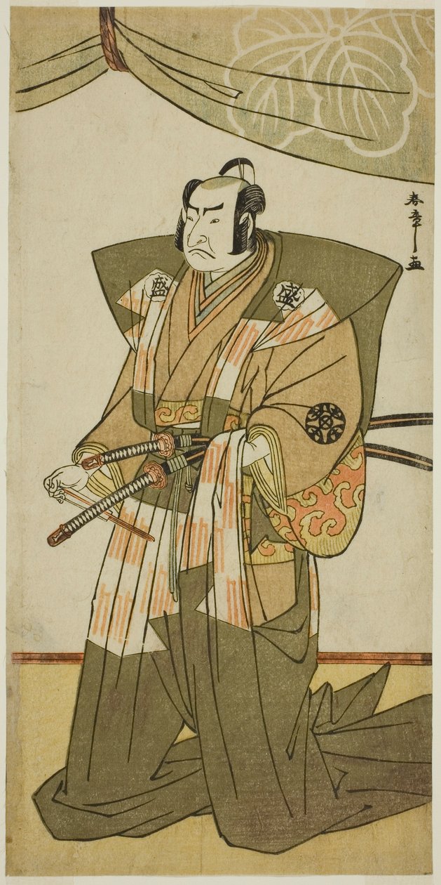 Näyttelijä Nakamura Nakazo I Saito Sanemorina näytelmässä Kitekaeru Nishiki no Wakayaka, joka esitettiin Nakamura-teatterissa yhdestoista kuukaudessa, 1780 tekijältä Katsukawa Shunsho