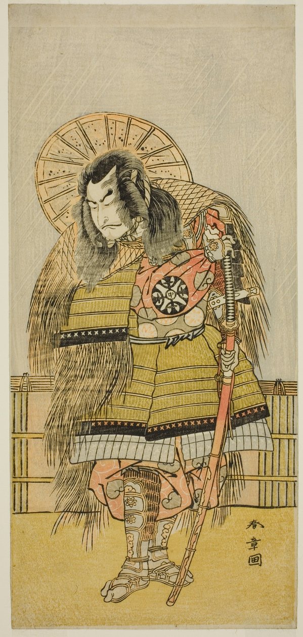 Nakamura Nakazo I Takechi Jubei Mitsuhidena näytelmässä Shusse Taiheiki, joka esitettiin Nakamura-teatterissa kahdeksannessa kuukaudessa, tekijältä Katsukawa Shunsho