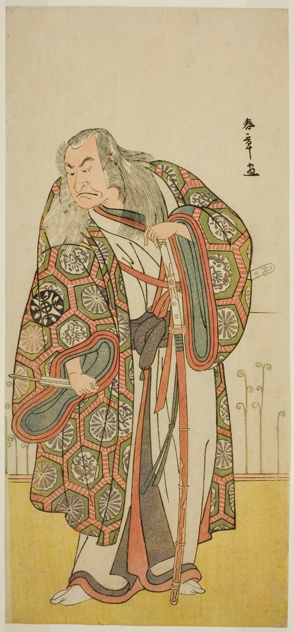 Näyttelijä Nakamura Nakazo I miekkamestari Takuma Genryuna (?) näytelmässä Edo no Fuji Wakayagi Soga (?), joka esitettiin Nakamura-teatterissa (?) ensimmäisenä kuukautena, 1789 (?) tekijältä Katsukawa Shunsho