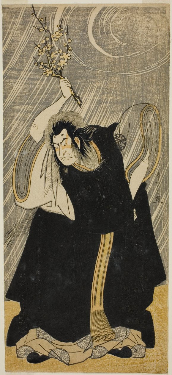 Näyttelijä Nakamura Nakazo I ukkonen jumalana, Kan Shojon inkarnaatiossa näytelmässä "Sugawara Denju Tenarai Kagami", joka esitettiin Morita-teatterissa kolmannella kuukaudella 1780 tekijältä Katsukawa Shunsho
