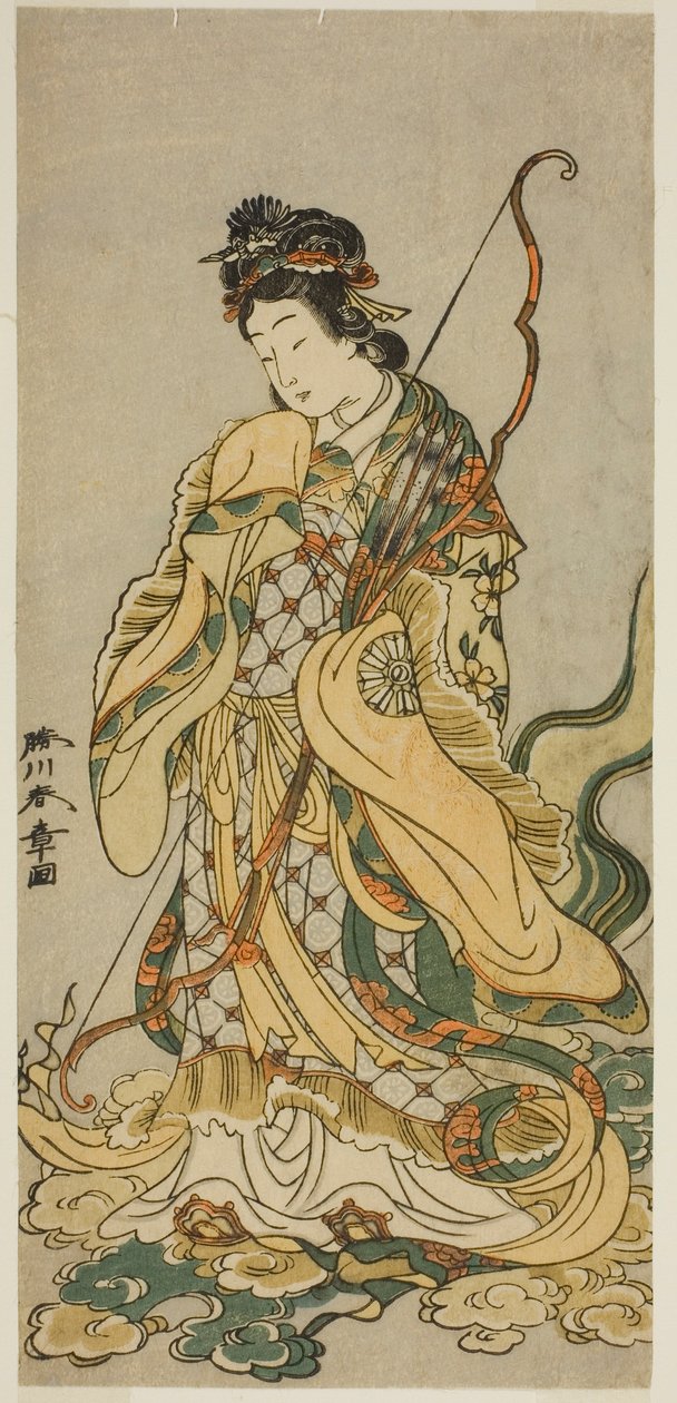 Näyttelijä Nakamura Noshio I Enoshiman bensaitenina näytelmässä Onno Aruji Hatsuyuki no Sekai, esitettiin Morita-teatterissa yhdestoista kuukaudessa, 1773 tekijältä Katsukawa Shunsho