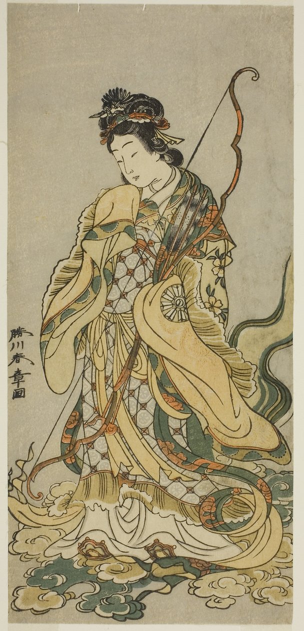 Näyttelijä Nakamura Noshio I Enoshiman bensaitenina näytelmässä Onno Aruji Hatsuyuki no Sekai, esitettiin Morita-teatterissa yhdestoista kuukaudessa, n. 1773 (värillinen puupainatus; hosoban) tekijältä Katsukawa Shunsho