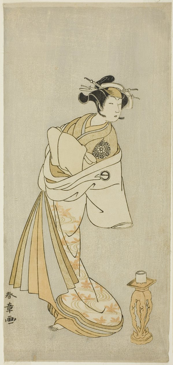 Näyttelijä Nakamura Noshio I kurtisaani Takaon hengen roolissa Shosagoto-tanssisarjassa "Sono Utsushi-e Matsu ni Kaede" (Varjokuva männystä ja vaahterasta), Keisei Momiji no -näytelmän toisen osan viimeinen kohtaus Uchikake (Courtesan Over-K tekijältä Katsukawa Shunsho