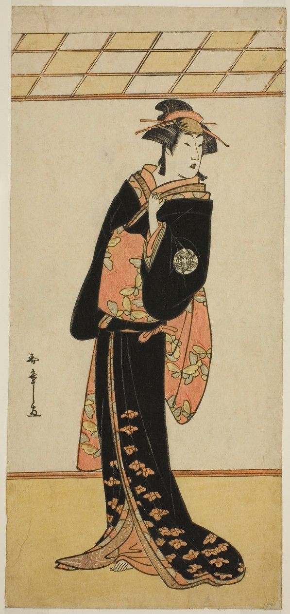Näyttelijä Nakamura Riko I Lady Mankona (Manko Gozen) (?) näytelmässä Soga Musume Choja (?), joka esitettiin Nakamura-teatterissa (?) ensimmäisenä kuukautena, 1784 (?) tekijältä Katsukawa Shunsho