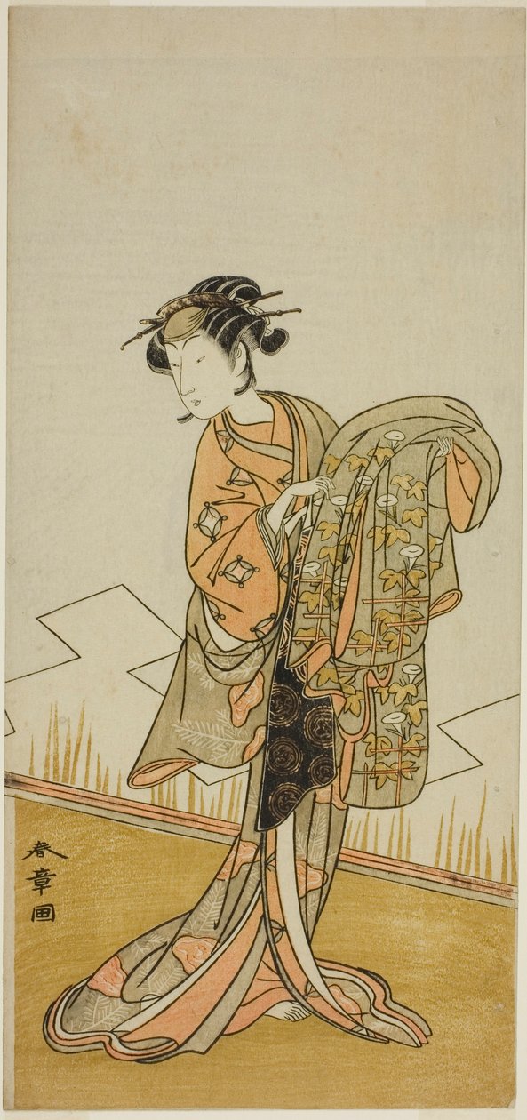 Näyttelijä Nakamura Riko I Kurtesaani Wakamatsuna (?) näytelmässä Gohiiki Kanjincho (?), joka esitettiin Nakamura-teatterissa (?) yhdestoista kuukaudessa, 1773 (?) tekijältä Katsukawa Shunsho