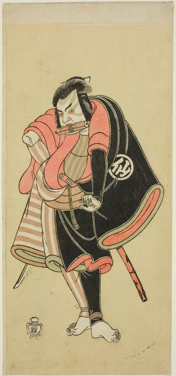 Näyttelijä Nakamura Sukegoro II Aso no Matsuwaka, ninja (Varjosoturi) näytelmässä Ima o Sakari Suehiro Genji (Genji-klaani nyt sen zenitissä), esitettiin Nakamura-teatterissa yhdennentoista kuukauden ensimmäisestä päivästä, 1768. tekijältä Katsukawa Shunsho