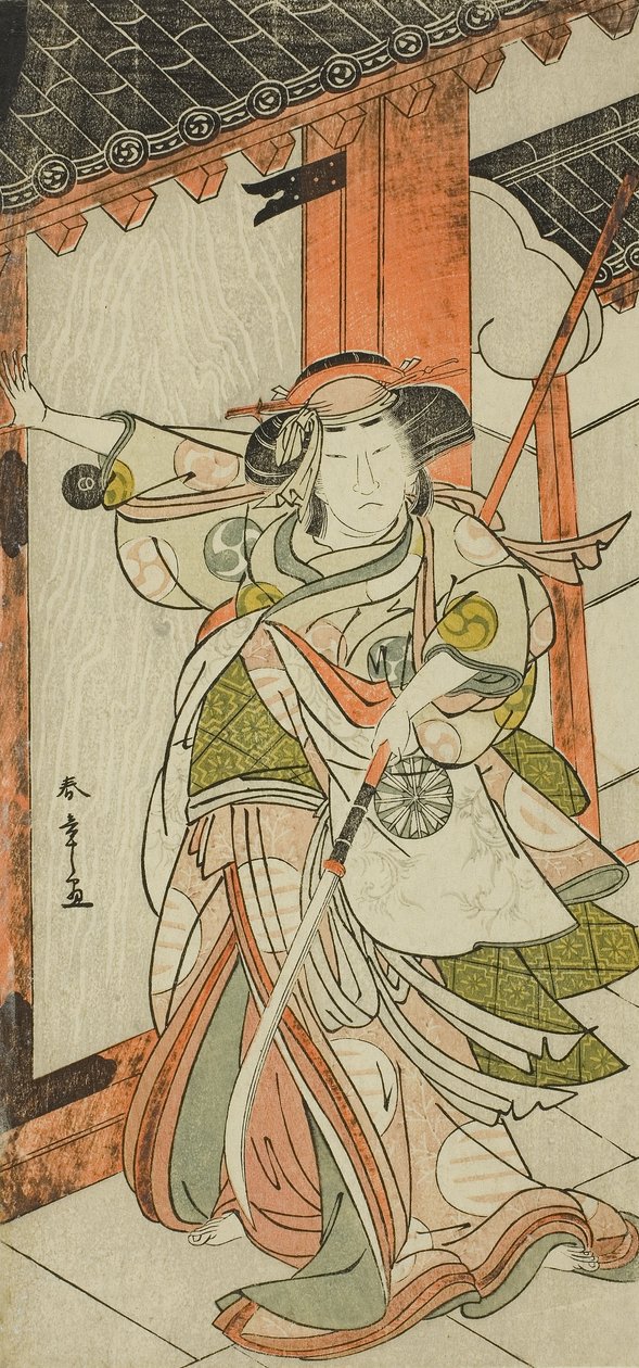 Näyttelijä Nakamura Tomijuro I Hangaku Gozenina murtamassa porttia näytelmässä Wada-gassen Onna Maizuru (Wadan konflikti: Naisen Maizuru), esitetty Nakamura-teatterissa seitsemännen kuukauden 25. päivästä alkaen. tekijältä Katsukawa Shunsho