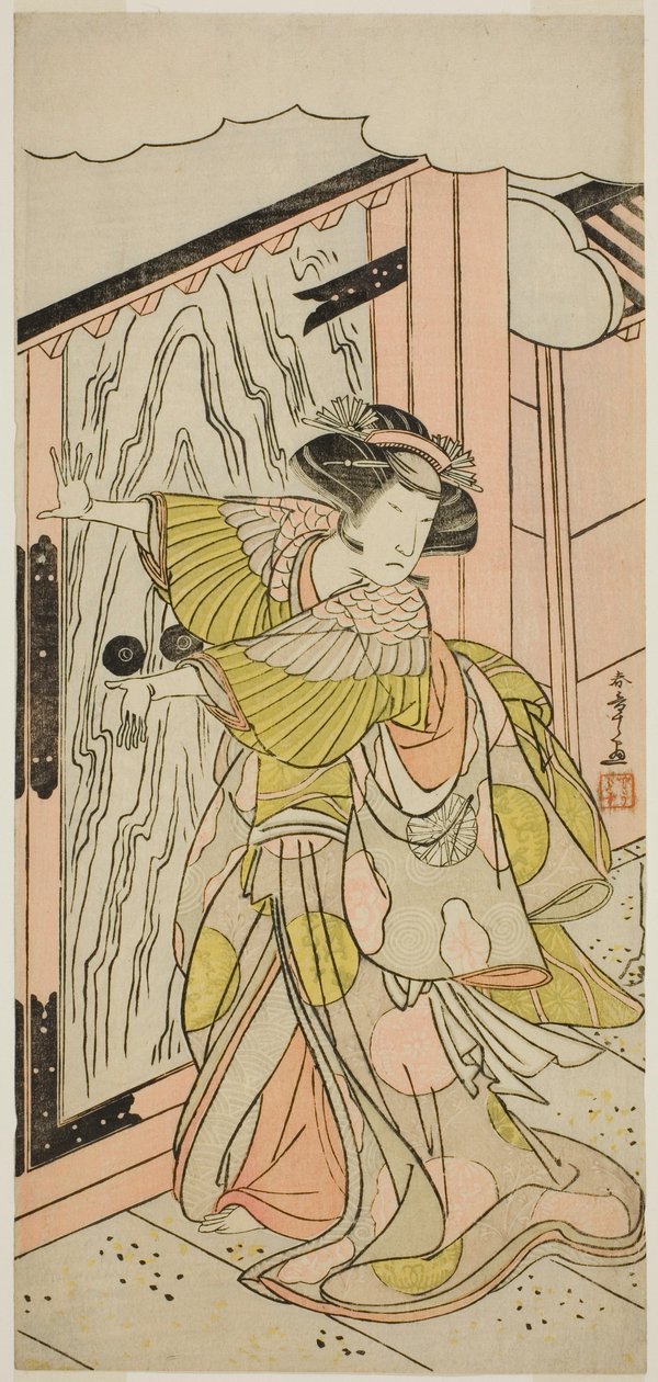 Näyttelijä Nakamura Tomijuro I Lady Hangakuna (Hangaku Gozen) näytelmässä Wada-gassen Onna Maizuru, joka esitettiin Nakamura-teatterissa seitsemännessä kuussa, 1777 tekijältä Katsukawa Shunsho