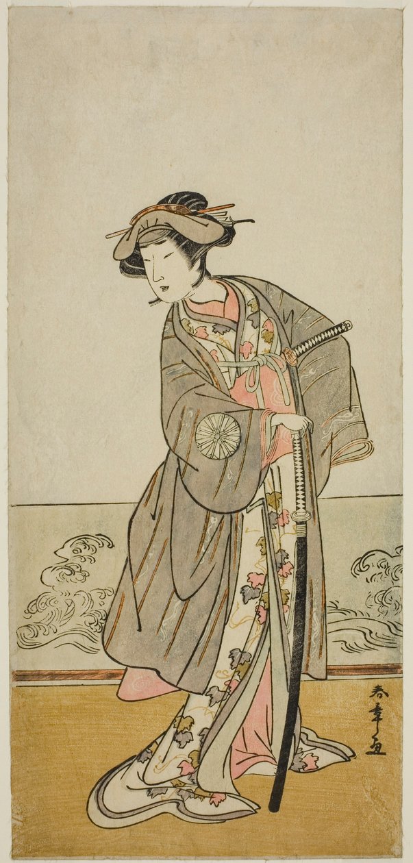 Näyttelijä Nakamura Tomijuro I Lady Hangakuna (Hangaku Gozen) näytelmässä Wada-gassen Onna Maizuru, joka esitettiin Nakamura-teatterissa seitsemännessä kuussa, 1777 tekijältä Katsukawa Shunsho
