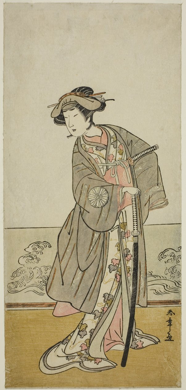 Näyttelijä Nakamura Tomijuro I Lady Hangakuna (Hangaku Gozen) näytelmässä Wada-gassen Onna Maizuru, esitettiin Nakamura-teatterissa seitsemännessä kuukaudessa, n. 1777 (värillinen puupainatus; hosoban) tekijältä Katsukawa Shunsho