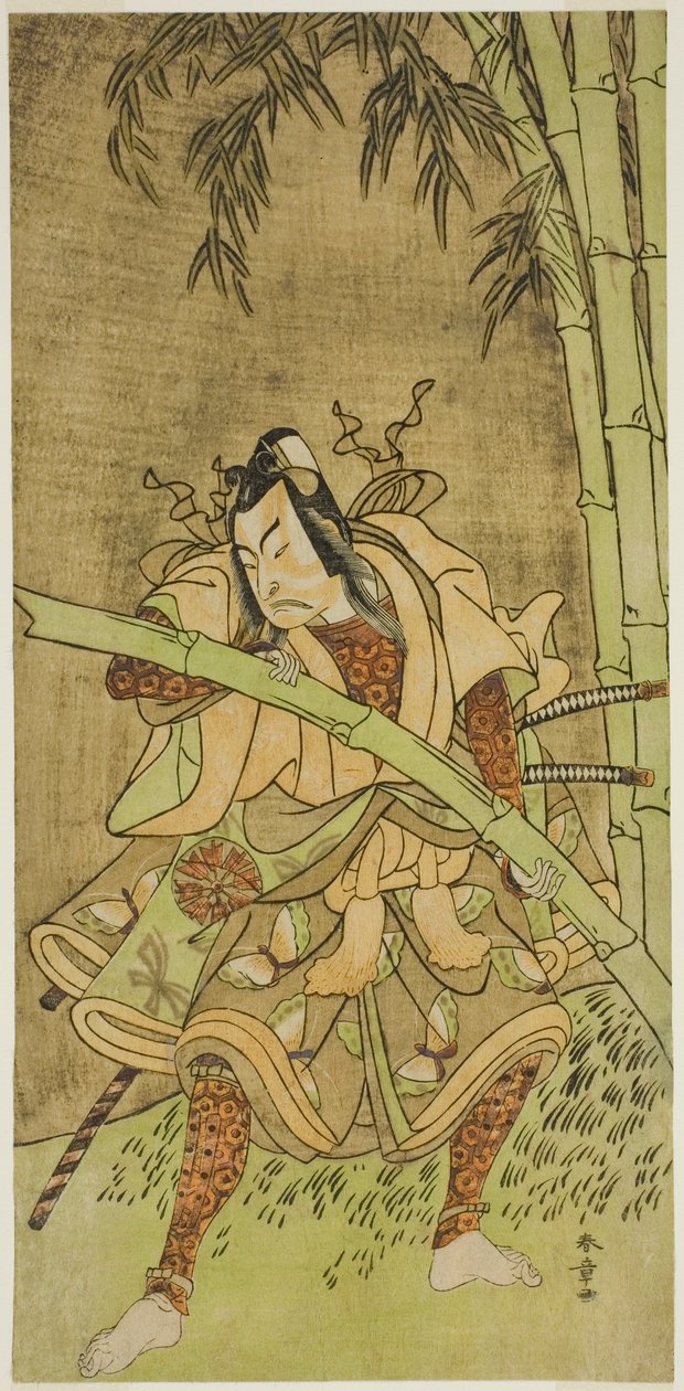 Näyttelijä Nakamura Tomijuro I Takenuki Goron roolissa näytelmässä Eho Soga Nen-nen-goyomi, esitettiin Morita-teatterissa ensimmäisenä kuukautena, 1771 tekijältä Katsukawa Shunsho