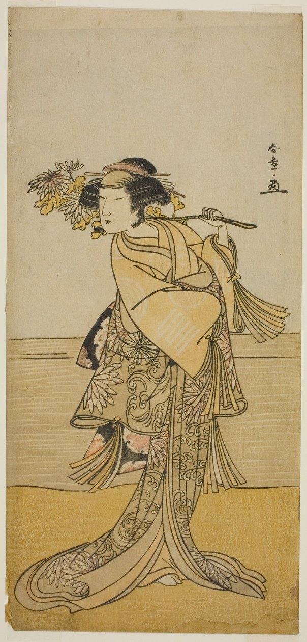 Näyttelijä Nakamura Tomijuro I naaraskettuna Ubagadaken vuorelta näytelmässä Chigo Torii Tobiiri Kitsune, esitettiin Ichimura-teatterissa yhdestoista kuukaudessa, 1777 tekijältä Katsukawa Shunsho