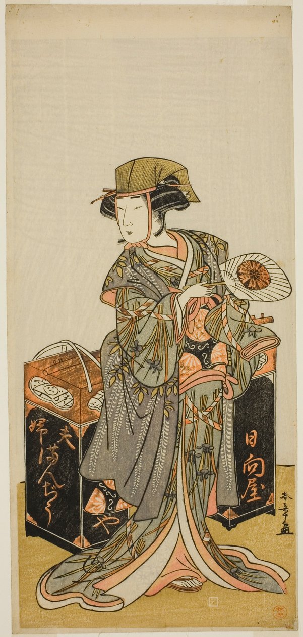 Näyttelijä Nakamura Tomijuro I naispapukakkukauppiaana Hyugayana näytelmässä Chigo Torii Tobiiri Kitsune, esitettiin Ichimura-teatterissa yhdestoista kuukaudessa, 1777 tekijältä Katsukawa Shunsho