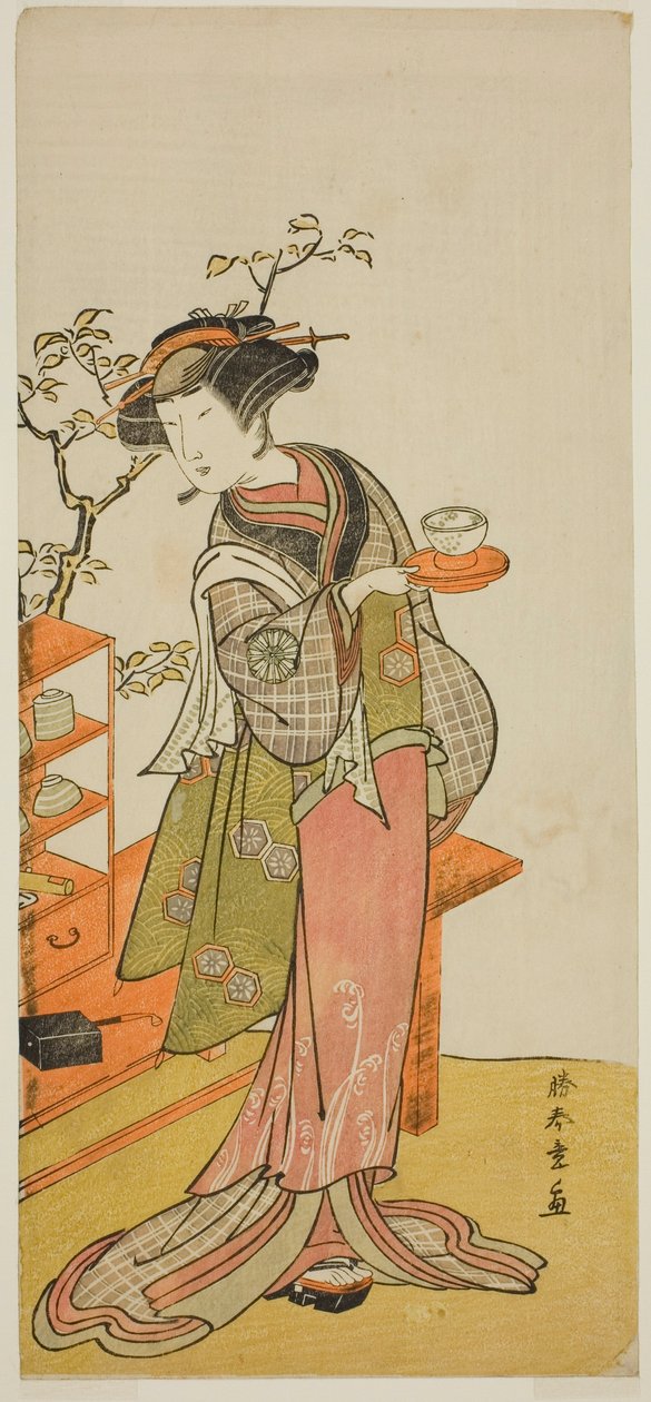 Näyttelijä Nakamura Tomijuro I tarjoilija Otakena näytelmässä Chigo Suzuri Aoyagi Soga, esitettiin Nakamura-teatterissa ensimmäisenä kuukautena, 1777 tekijältä Katsukawa Shunsho