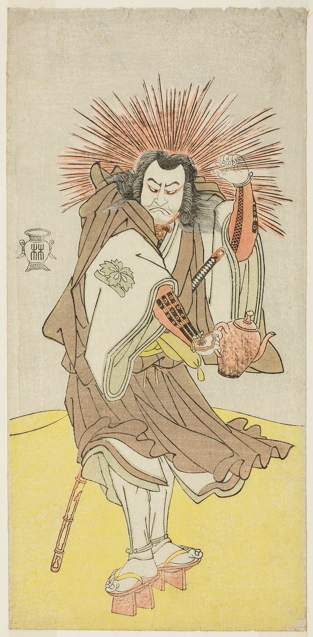 Näyttelijä Nakayama Kojuro VI Osada no Taro Kagemunena (todellisuudessa Hatcho Tsubute no Kiheiji) Gionin pyhäkön lampunvalvojan roolissa näytelmän Yukimotsu Take Furisode Genji (Lumipeitteinen bambu: Genji pitkissä hihoissa) kolmannen näytöksen ensimmäise tekijältä Katsukawa Shunsho