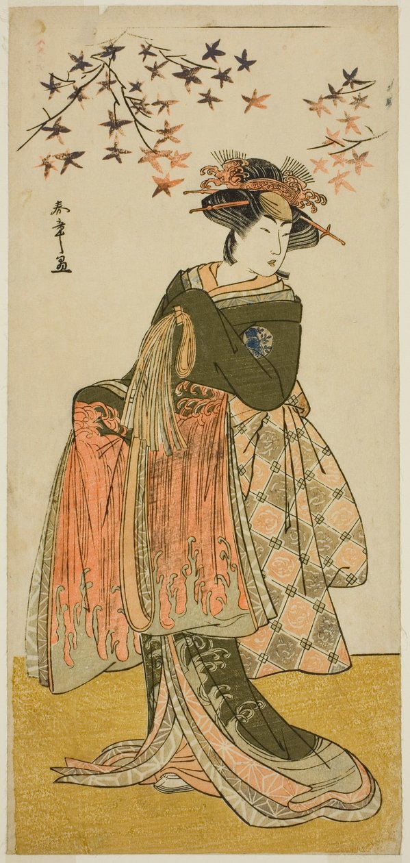 Näyttelijä Nakayama Tomisaburo I Geisha Yukinona (vai Oyukina?) näytelmässä Kabuki no Hana Bandai Soga, esitettiin Ichimura-teatterissa neljännessä kuukaudessa, 1781 tekijältä Katsukawa Shunsho