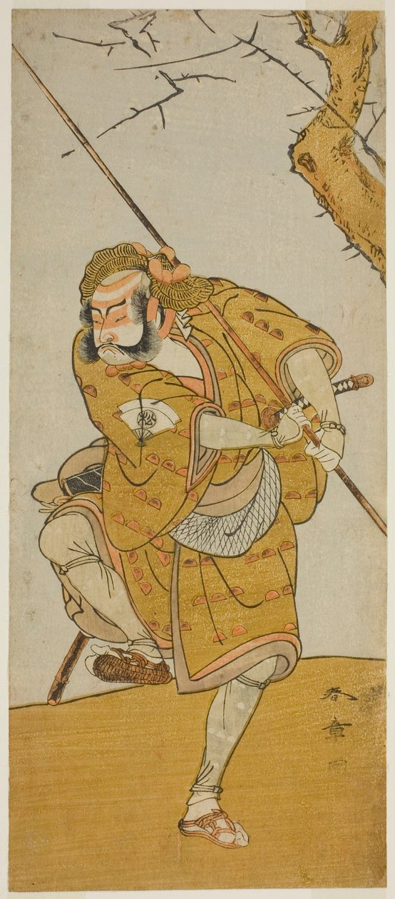 Näyttelijä Onoe Matsusuke I Kobayashi no Asahinana, naamioitunut linnunsieppaajaksi näytelmässä Edo no Haru Meisho Soga, joka esitettiin Ichimura-teatterissa kolmannessa kuukaudessa, 1773 tekijältä Katsukawa Shunsho