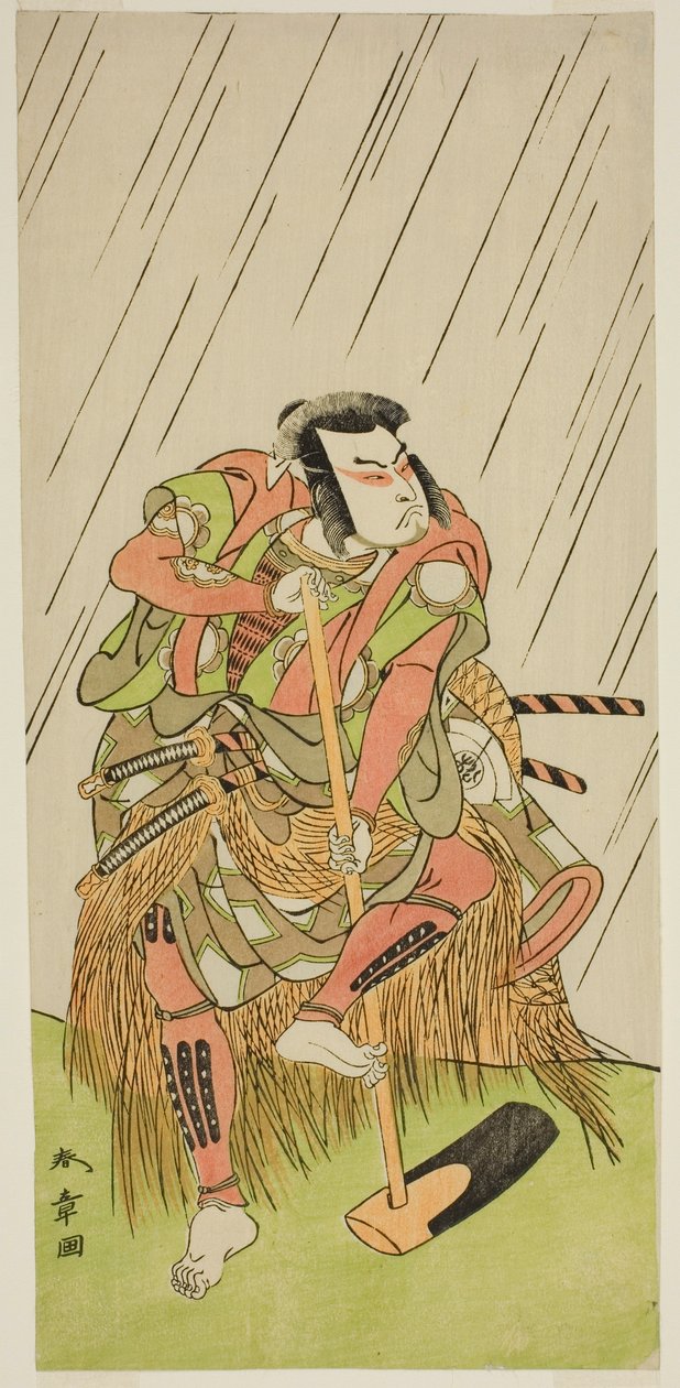 Näyttelijä Onoe Matsusuke I Nakaomi Katsumina naamioitunut maanviljelijäksi Datta no Nizoksi näytelmässä Shitenno-ji Nobori Kuyo, joka esitettiin Ichimura-teatterissa kahdeksannessa kuukaudessa, 1773 tekijältä Katsukawa Shunsho