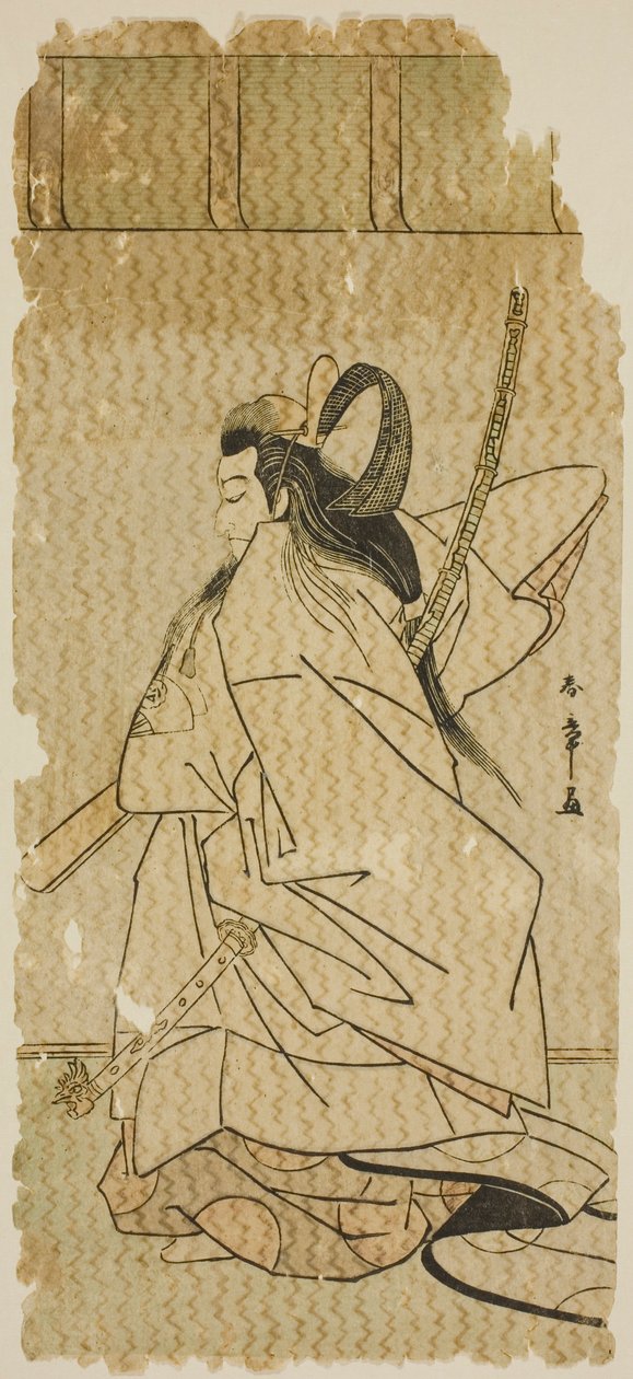 Näyttelijä Onoe Matsusuke I prinssi Takanorina näytelmässä "Kaeribana Eiyu Taiheiki", joka esitettiin Nakamura-teatterissa yhdestoista kuukaudessa 1779 tekijältä Katsukawa Shunsho