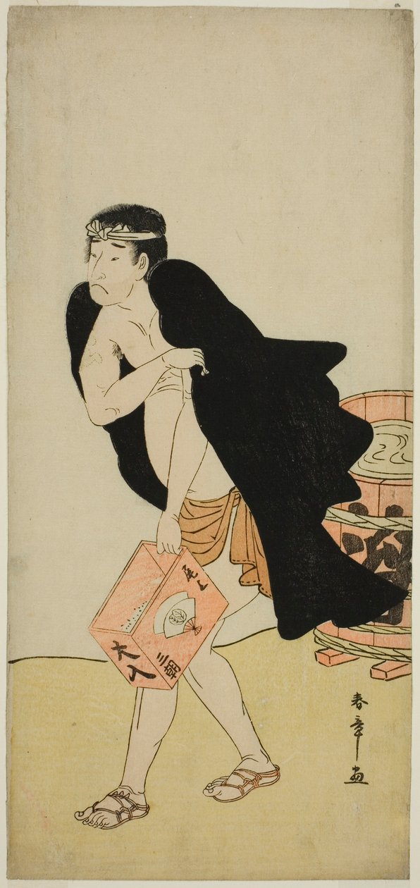 Näyttelijä Onoe Matsusuke I Palanquin Bearer Goheina näytelmässä Kitekaeru Nishiki no Wakayaka, joka esitettiin Nakamura-teatterissa yhdestoista kuukaudessa, 1780 tekijältä Katsukawa Shunsho