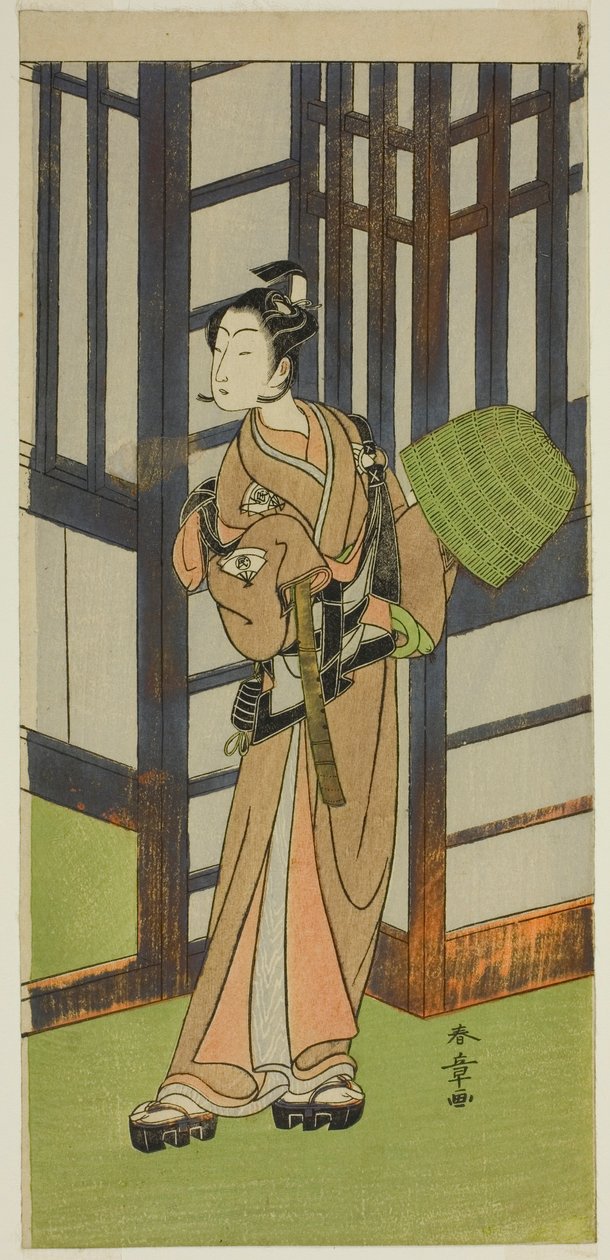 Näyttelijä Onoe Tamizo I Kewaizaka no Shoshona Komusoksi naamioitunut näytelmässä Furisode Kisaragi Soga, esitettiin Ichimura-teatterissa toisessa kuussa, 1772 tekijältä Katsukawa Shunsho