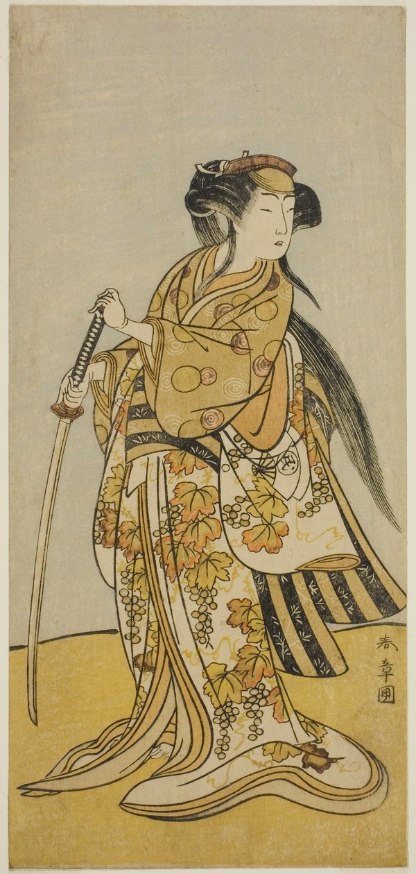Näyttelijä Onoe Tamizo I Kurehan (?) roolissa näytelmässä Shusse Taiheiki (?), joka esitettiin Nakamura-teatterissa (?) kahdeksannessa kuukaudessa, 1775 (?) tekijältä Katsukawa Shunsho
