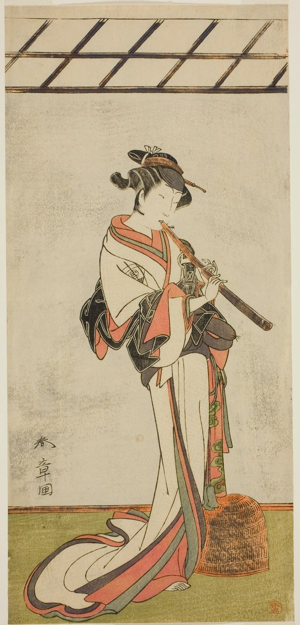 Näyttelijä Onoe Tamizo I Oiso no Torana tai Kewaizaka no Shoshoa, naamioitunut naiskomusuksi (?), näytelmässä Yui Kanoko Date-zome Soga (?), joka esitettiin Ichimura-teatterissa (?) ensimmäisenä kuukautena, 1774 (?) tekijältä Katsukawa Shunsho
