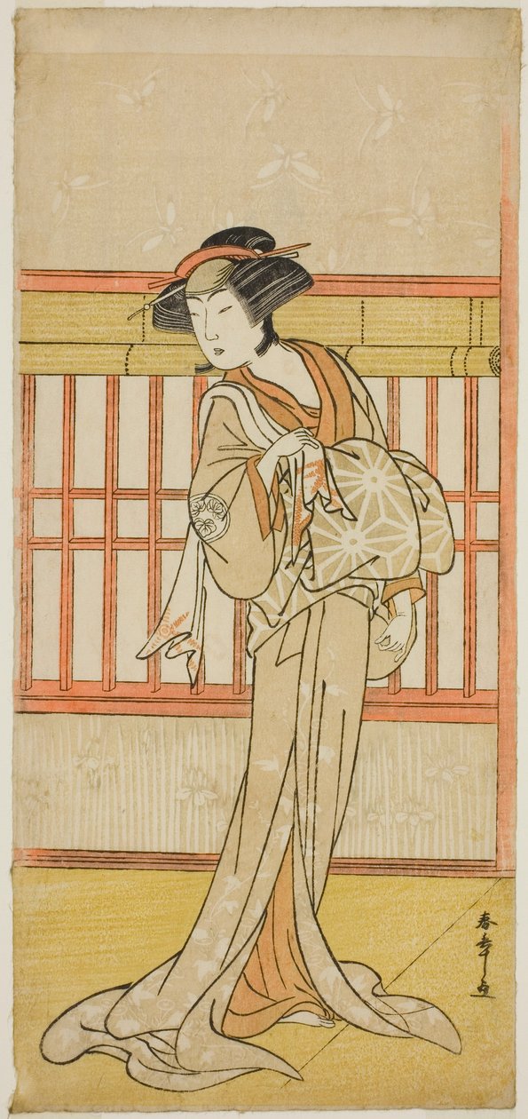 Näyttelijä Osagawa Tsuneyo II kurtisaani Miyaginona (?) näytelmässä Go Taiheiki Shiraishi-banashi (?), joka esitettiin Morita-teatterissa neljännessä kuussa, 1780 (?) tekijältä Katsukawa Shunsho