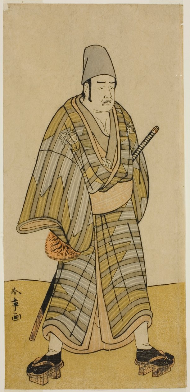 Näyttelijä Otani Hiroemon III Gokumon Shobein roolissa näytelmässä Sugata no Hana Kurofune Zukin, esitettiin Morita-teatterissa yhdeksännessä kuussa, 1774 tekijältä Katsukawa Shunsho