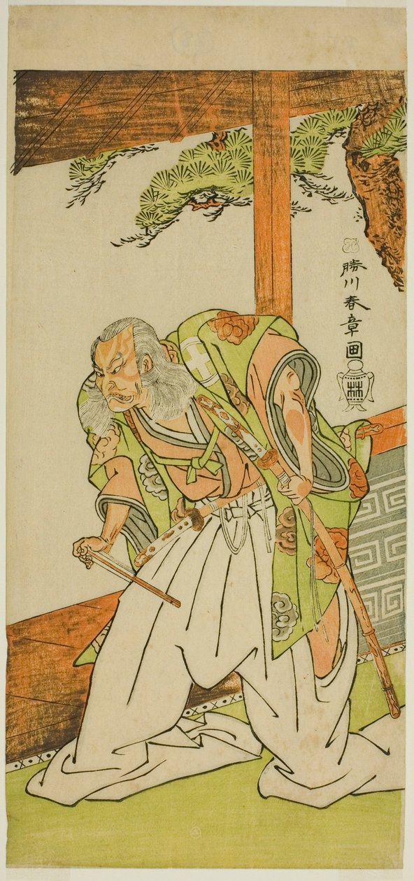 Näyttelijä Otani Hiroemon III Shinoda Jirodayun roolissa näytelmässä Keisei Momiji no Uchikake, esitettiin Morita-teatterissa seitsemännessä kuussa, 1772 tekijältä Katsukawa Shunsho