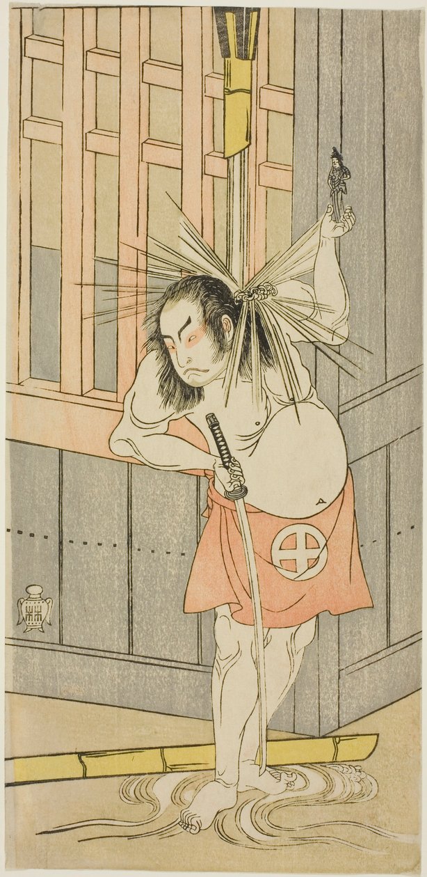 Näyttelijä Otani Hiroji III, mahdollisesti Akaneya Hanshichina näytelmässä Fuji no Yuki Kaikei Soga (Lumi Fuji-vuorella: Soga Vendetta), esitettiin Ichimura-teatterissa ensimmäisen kuukauden viidestoista päivästä, 1770 tekijältä Katsukawa Shunsho