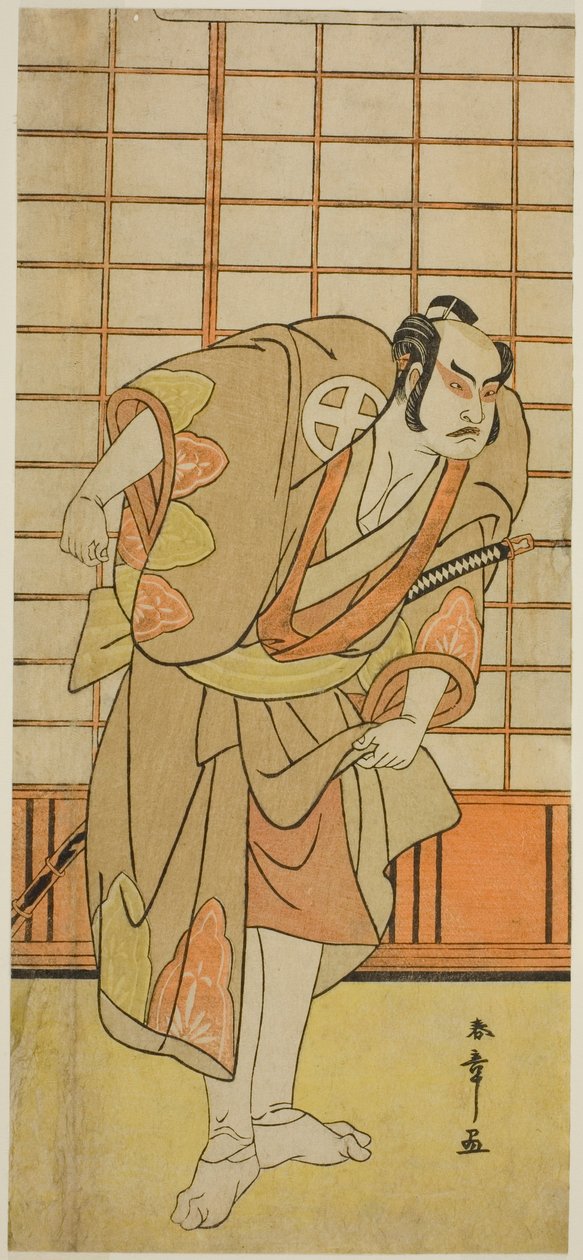Näyttelijä Otani Hiroji III Hata no Daizen Taketorana naamioituneena Shikishima Wakaheiksi näytelmässä Juni-hitoe Komachi-zakura, joka esitettiin Kiri-teatterissa yhdentenätoista kuukautena vuonna 1784. tekijältä Katsukawa Shunsho
