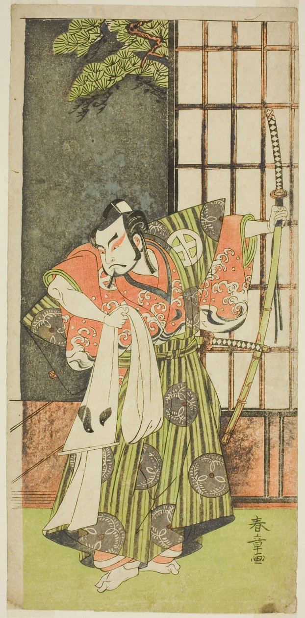 Näyttelijä Otani Hiroji III Kawazu no Saburona näytelmässä Myoto-giku Izu no Kisewata, esitettiin Ichimura-teatterissa yhdestoista kuukaudessa, 1770 tekijältä Katsukawa Shunsho