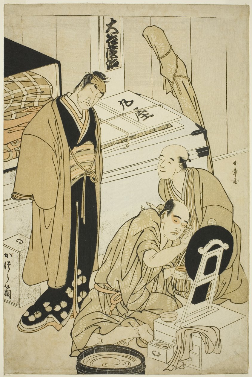 Näyttelijä Otani Hiroji III pukuhuoneessa Avustaja Otani Tokuji I (?) ja tarkkailija Nakamura Nakazo I (?) tekijältä Katsukawa Shunsho