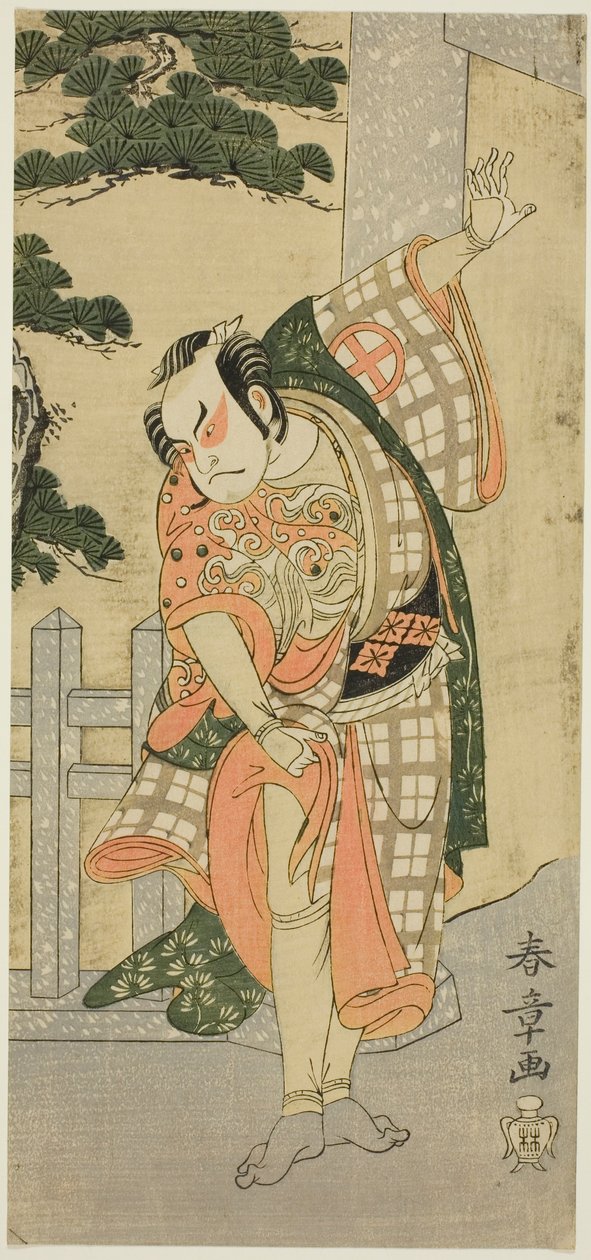 Näyttelijä Otani Hiroji III lava-asennossa (Mie) Shrine Gatewayn edessä tekijältä Katsukawa Shunsho