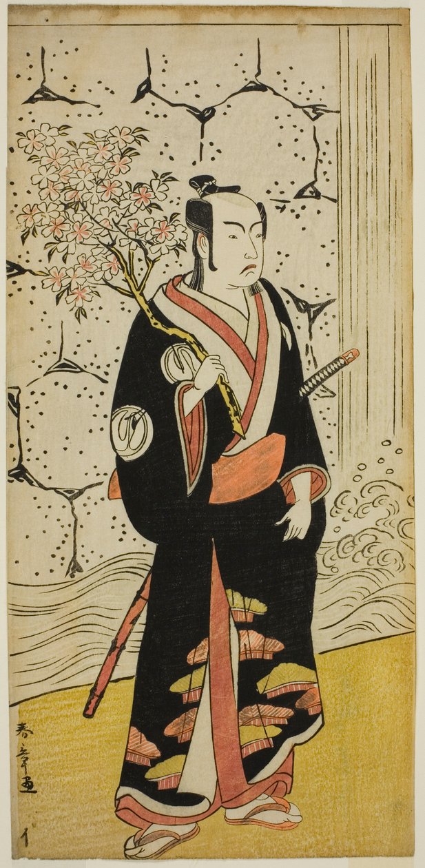 Näyttelijä Sawamura Sojuro III Sonobe Zaemonina näytelmässä "Shin Usuyuki Monogatari", joka esitettiin Ichimura-teatterissa kahdeksantena kuukautena, 1779 tekijältä Katsukawa Shunsho
