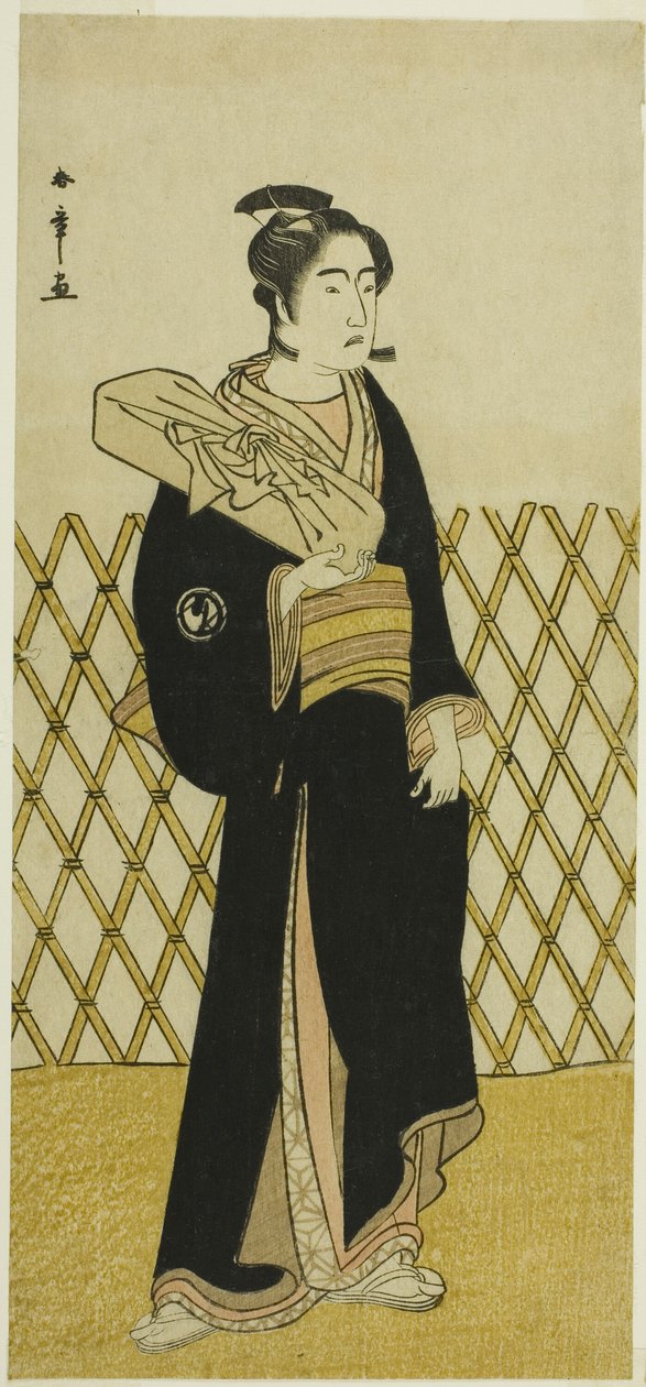 Näyttelijä Sawamura Sojuro III kampaaja Jirokichina näytelmässä Shida Choja-bashira, joka esitettiin Nakamura-teatterissa kahdeksannessa kuukaudessa, 1781 tekijältä Katsukawa Shunsho
