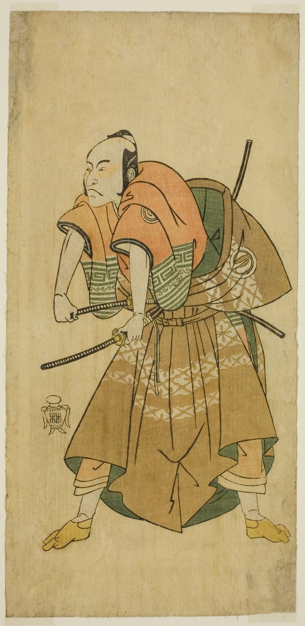 Sawamura Sojuro II Omi no Kotodana (?) näytelmässä Shuen Soga Omugaeshi (?), esitettiin Ichimura-teatterissa (?) toisessa kuussa, 1768 (?) tekijältä Katsukawa Shunsho
