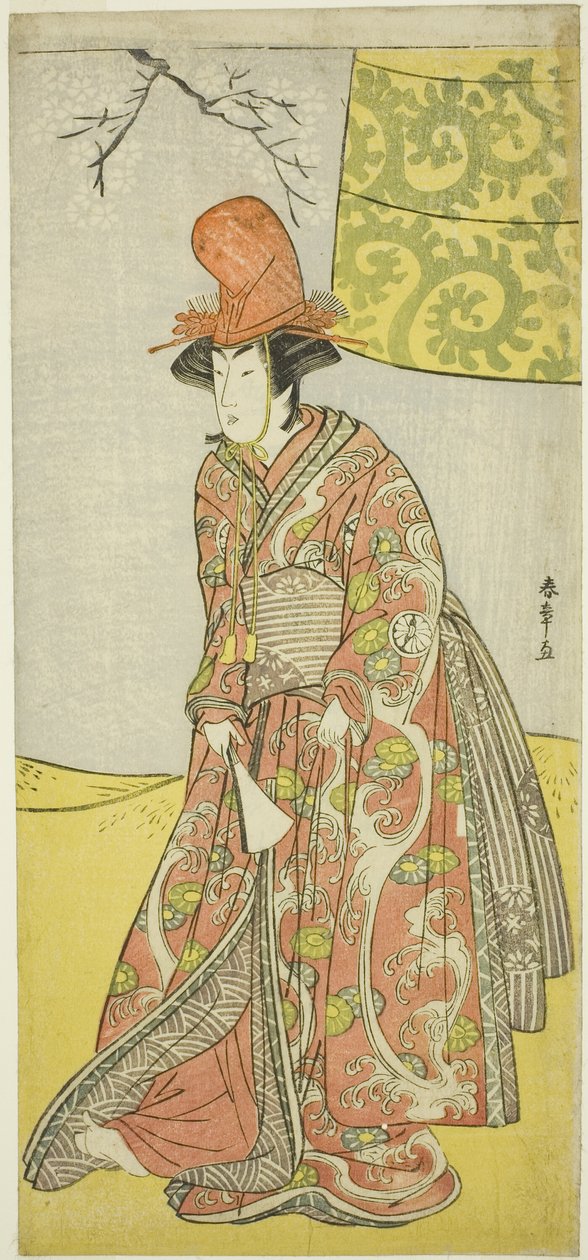 Näyttelijä Segawa Kikunojo III (?) tai Segawa Otome (?) Shirabyoshi-tanssijana Musume Dojo-jissa, näytelmässä Edo no Hana Mimasu Soga (?) tai Buke no Hana Musume no Adauchi (?), Esitetty Nakamurassa Teatteri (?) neljännessä kuukaudessa, 1783 (?) tekijältä Katsukawa Shunsho