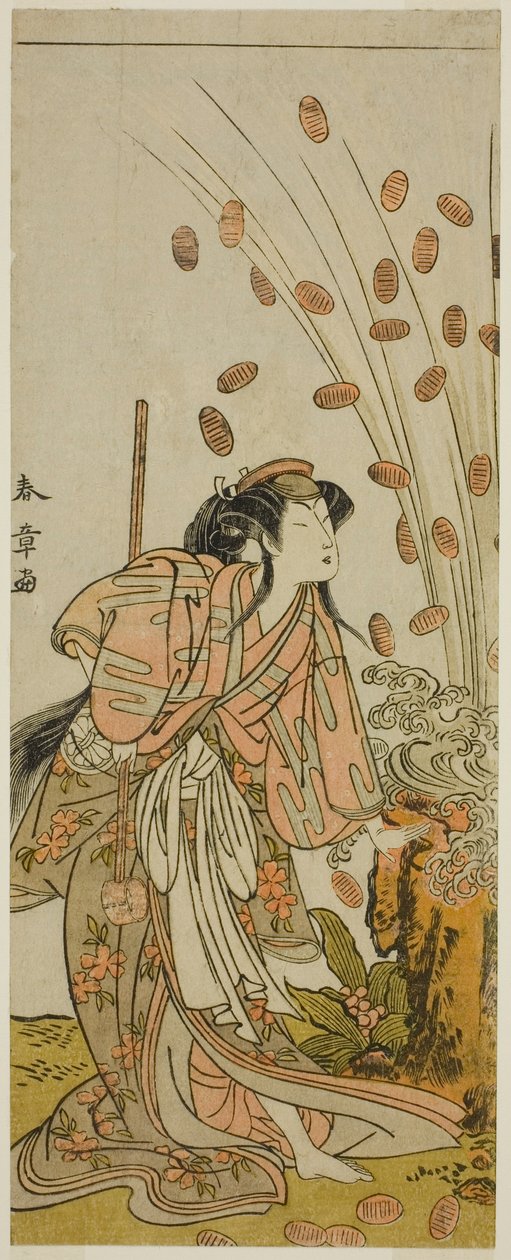 Segawa Kikunojo III Hito-maruna Naamioituna Kurtesaani Chiyozakiksi Hana Katsuragi no Kanen Play Cupissa, esitettiin Ichimura-teatterissa vuoden kolmannella kuukaudella. tekijältä Katsukawa Shunsho