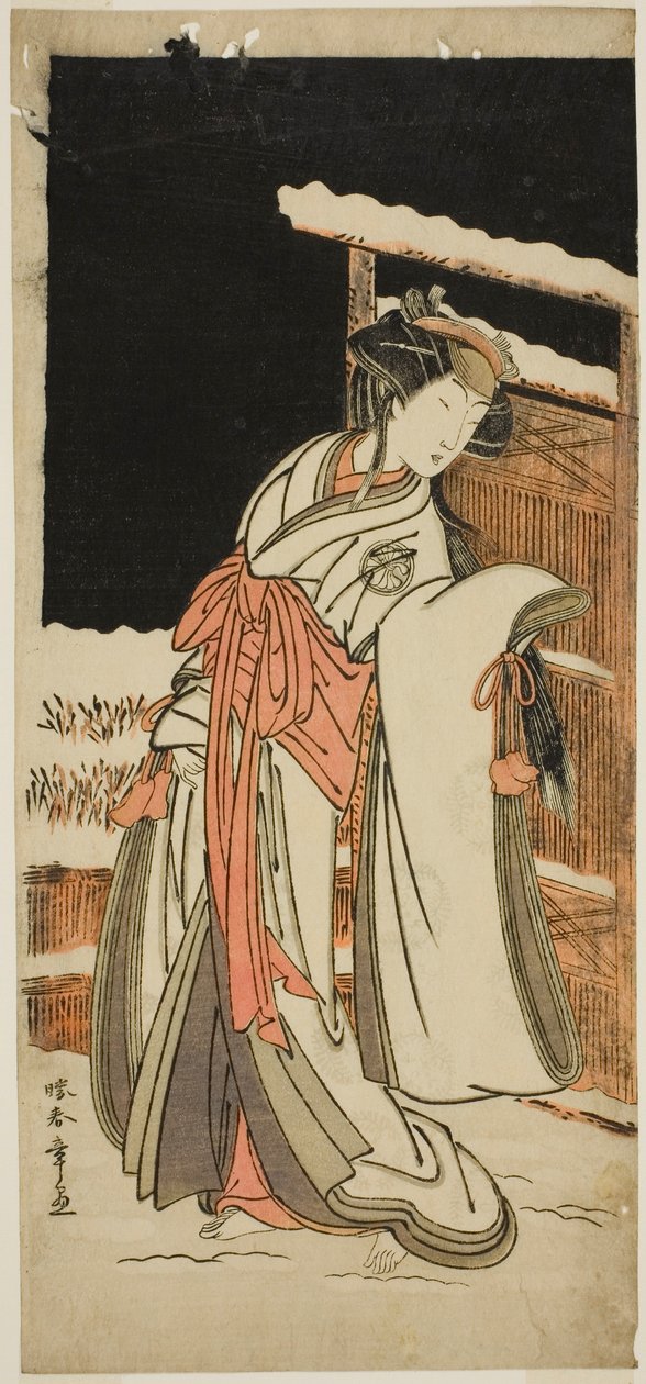 Näyttelijä Segawa Kikunojo III Lady Shizuka (Shizkua Gozen) Tamazusaksi naamioituna näytelmässä Chigo Torii Tobiiri Kitsune, joka esitettiin Ichimura-teatterissa yhdestoista kuukaudessa, 1777 tekijältä Katsukawa Shunsho