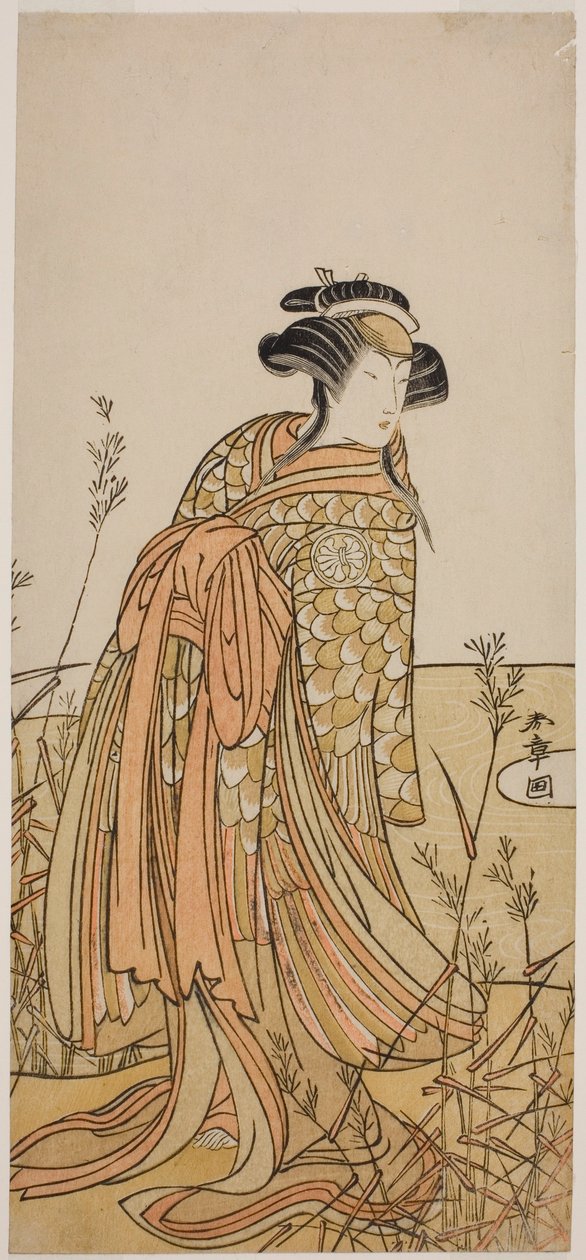 Näyttelijä Segawa Kikunojo III mandariiniankan hengen (Oshidori) naamioituneena Tagasodeksi näytelmässä Hana-zumo Genji Hiiki, joka esitettiin Nakamura-teatterissa yhdestoista kuukaudessa, 1775 tekijältä Katsukawa Shunsho