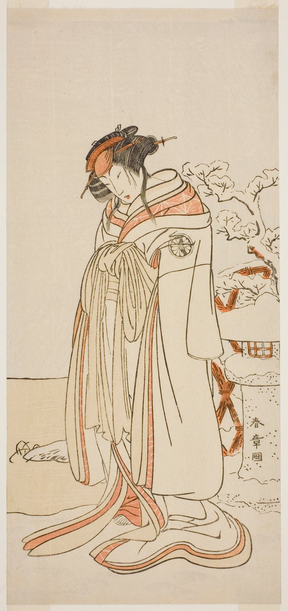 Näyttelijä Segawa Kikunojo III kurtisaani Kisewata (Tagasode) (?) näytelmässä Hana-zumo Genji Hiiki (?), joka esitettiin Nakamura-teatterissa (?) yhdestoista kuukaudessa, 1775 (?) tekijältä Katsukawa Shunsho