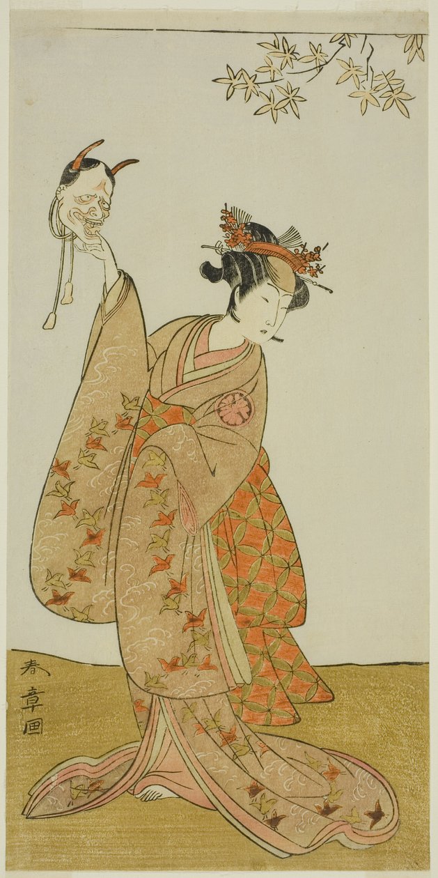 Näyttelijä Segawa Yujiro I Matsukazena, Togashi no Saemonin sisarena näytelmässä Gohiiki Kanjincho (Suosikkinäytelmäsi Kanjincho [tilausluettelo]), esitettiin Nakamura-teatterissa yhdennentoista kuukauden ensimmäisestä päivästä, 1773 tekijältä Katsukawa Shunsho