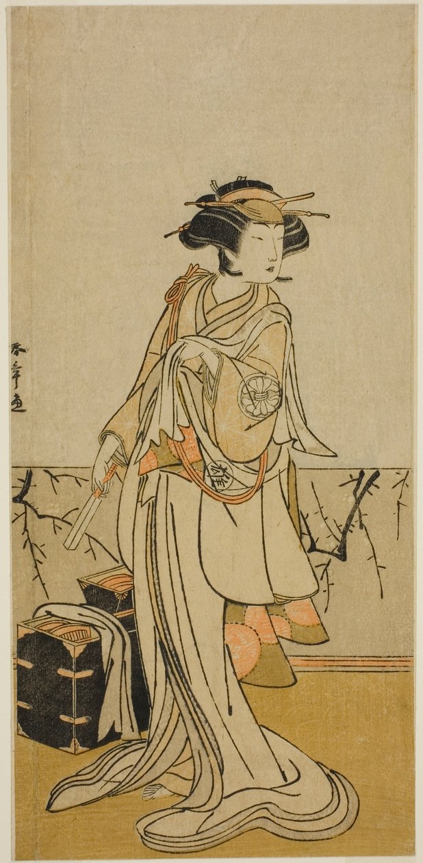 Näyttelijä Segawa Yujiro I Osain, naiskampaajan roolissa näytelmässä Kamuri Kotoba Soga no Yukari, esitettiin Ichimura-teatterissa ensimmäisenä kuukautena, 1776 tekijältä Katsukawa Shunsho