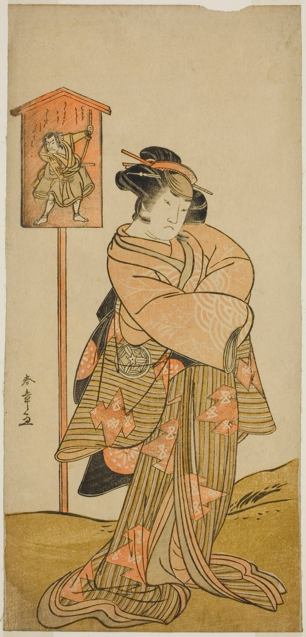 Yamashita Kinsaku II Lady Mankona (Manko Gozen) (?) näytelmässä Hatsumombi Kuruwa Soga (?), esitettiin Nakamura-teatterissa (?) ensimmäisenä kuukautena, 1780 (?) tekijältä Katsukawa Shunsho
