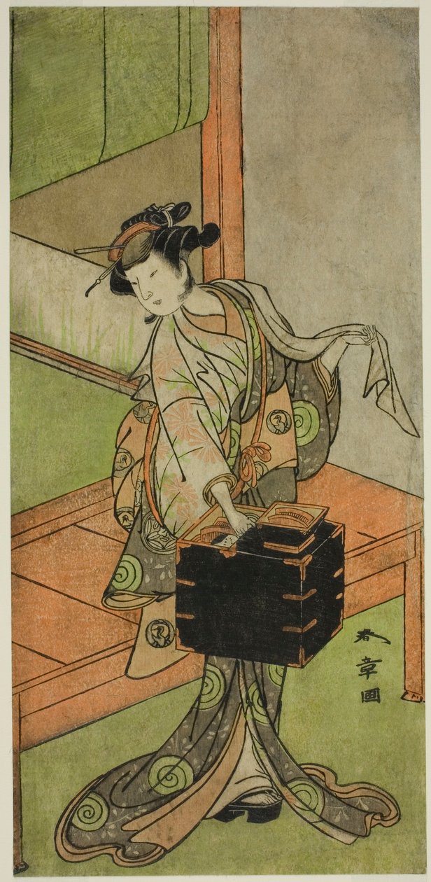 Näyttelijä Yamashita Kinsaku II Miyaginon roolissa Kampaajaksi naamioitunut näytelmässä Kosode-gura no Tekubari, esitettiin Morita-teatterissa toisessa kuussa, 1772 (?) tekijältä Katsukawa Shunsho