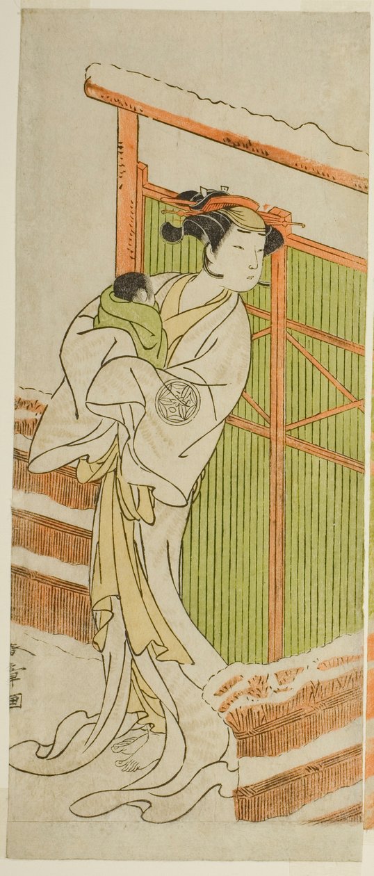 Näyttelijä Yamashita Kinsaku II Moshiona näytelmässä Izu-goyomi Shibai no Ganjitsu, esitettiin Morita-teatterissa yhdestoista kuukaudessa, 1772 tekijältä Katsukawa Shunsho